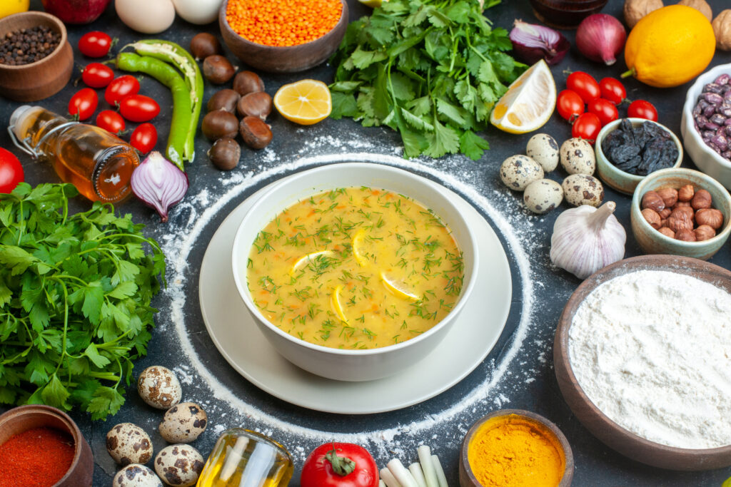 A vibrant top view image of a classic 10 vegetable soup in a bowl, showcasing a colorful mix of fresh vegetables, perfect for culinary blogs and healthy eating websites.