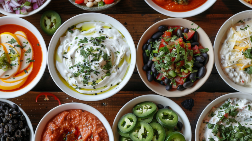 An assortment of Rotel dip variations, featuring bowls with different ingredients like black beans, jalapeños, and various cheeses, displayed on a wooden table.