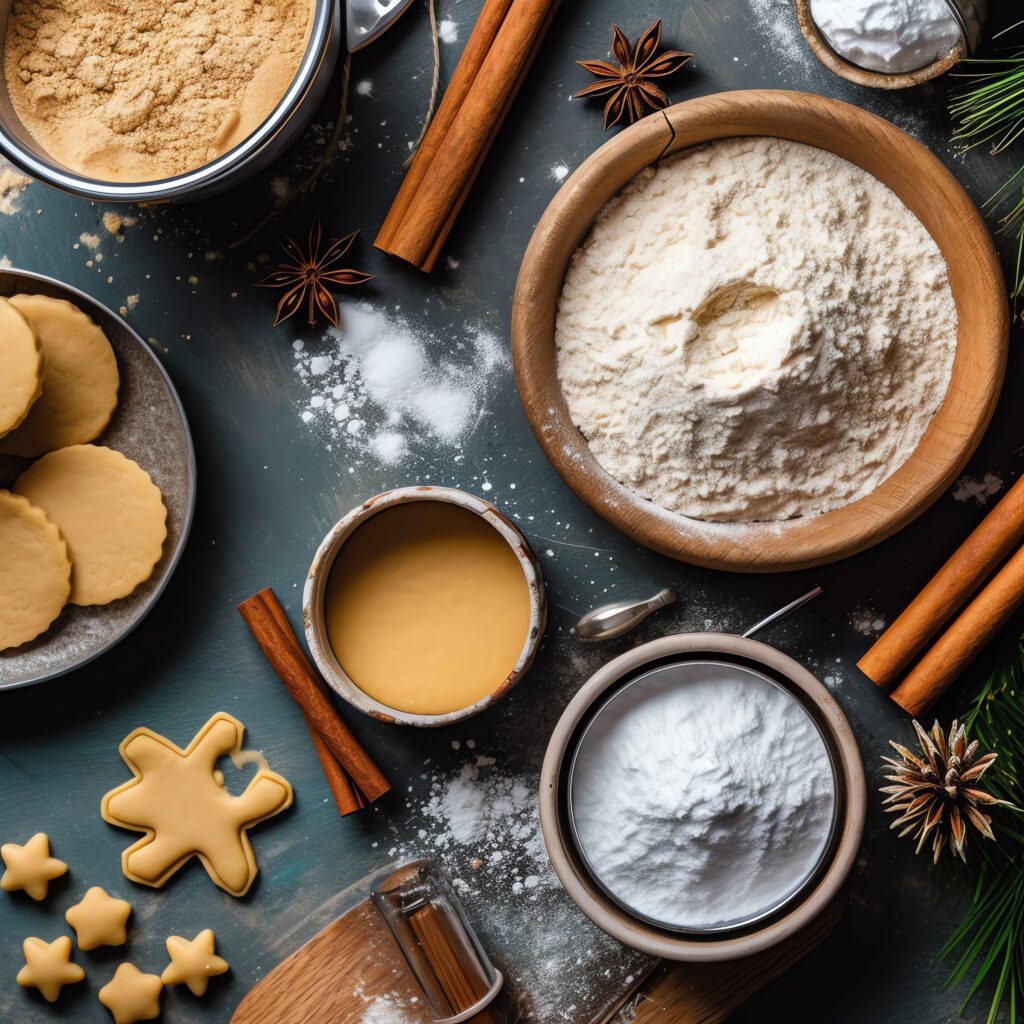 Assortment of key ingredients for cinnamon bun frosting, including cream cheese, butter, and powdered sugar, on a kitchen counter.