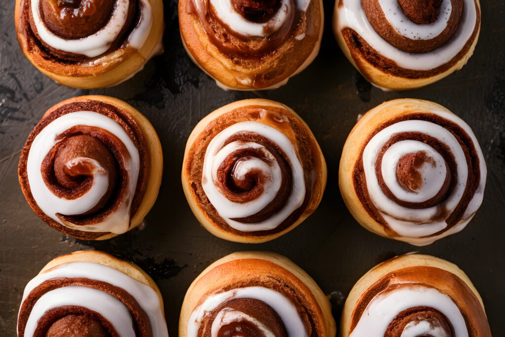 Variety of cinnamon rolls topped with different frostings, showcasing options like vegan and citrus-flavored icing.