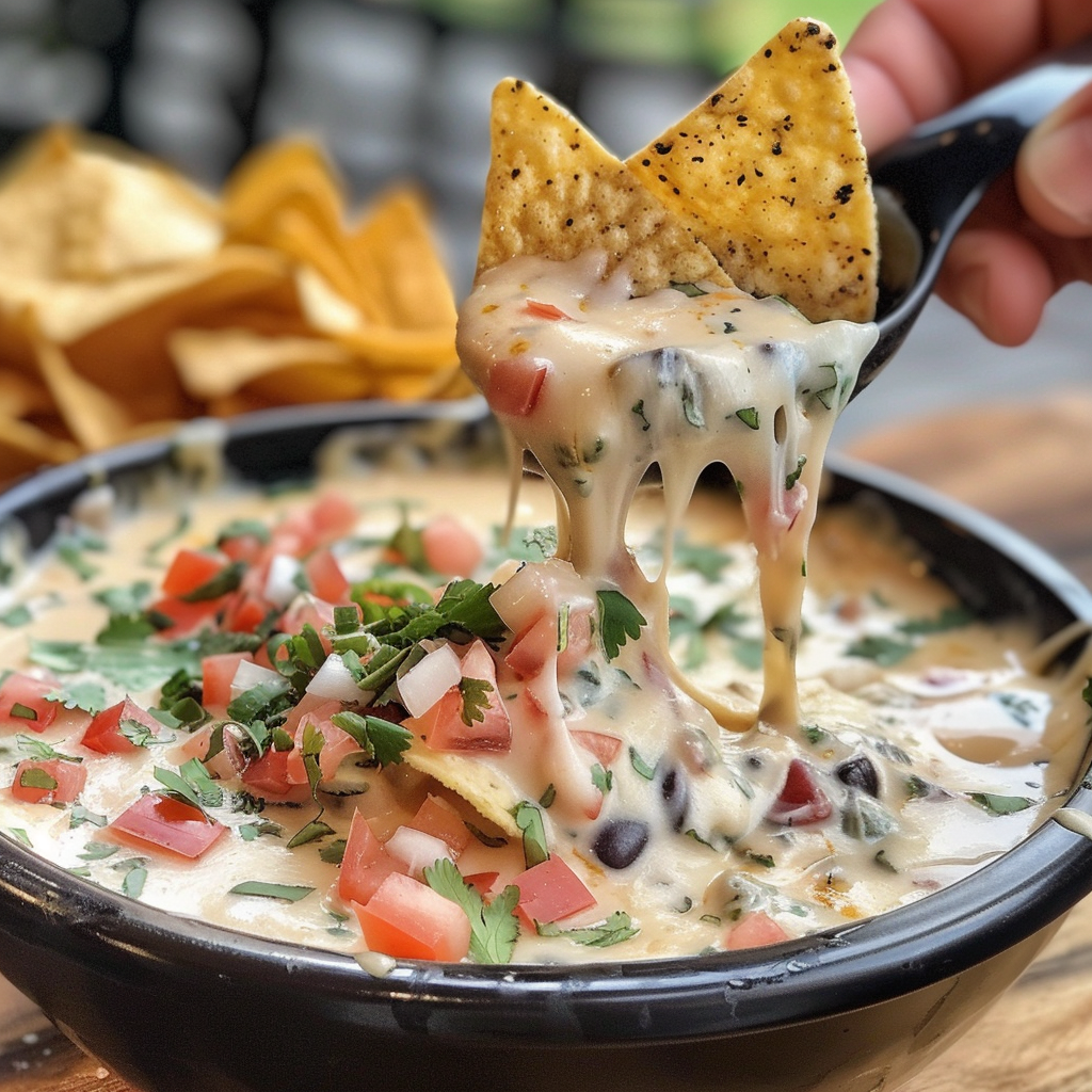 Bowl of Mexican queso dip served with crispy tortilla chips