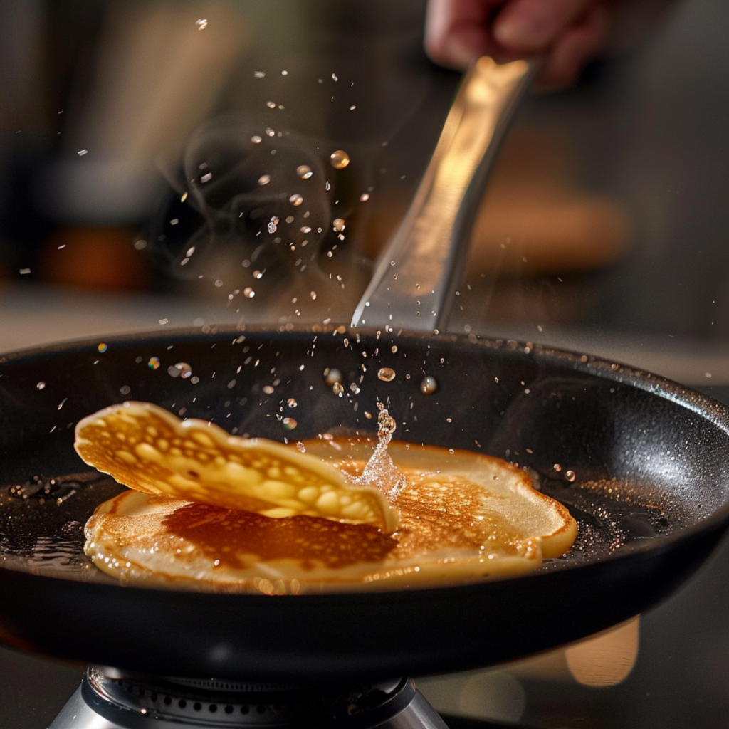 Action shot of flipping a golden-brown Zephyr pancake in a skillet, highlighting the fluffy texture.