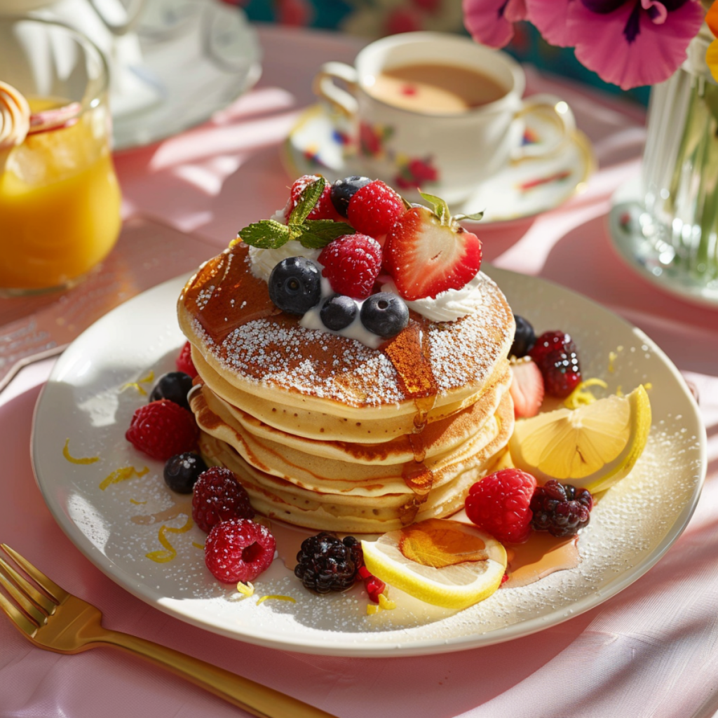 Decoratively topped Zephyr pancakes with berries and lemon zest on an elegant brunch table.