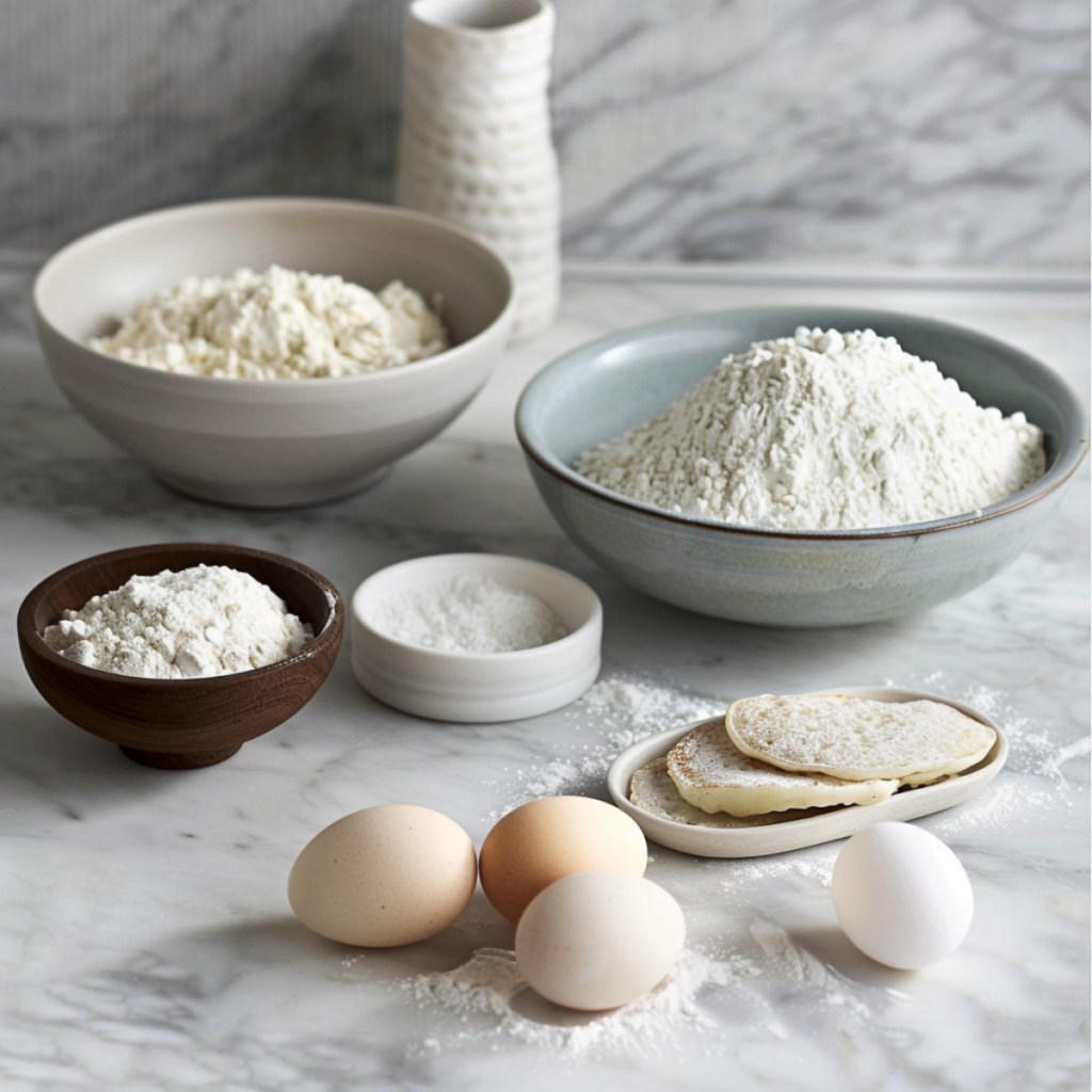 Fresh ingredients for Zephyr pancakes including flour, eggs, and buttermilk on a kitchen counter.