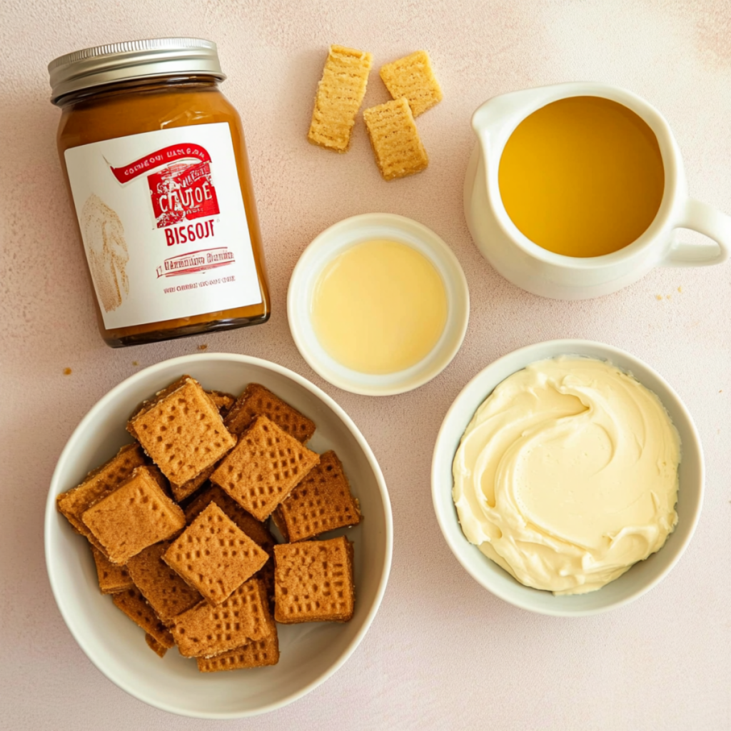 A flat lay composition of ingredients for Biscoff cheesecake.