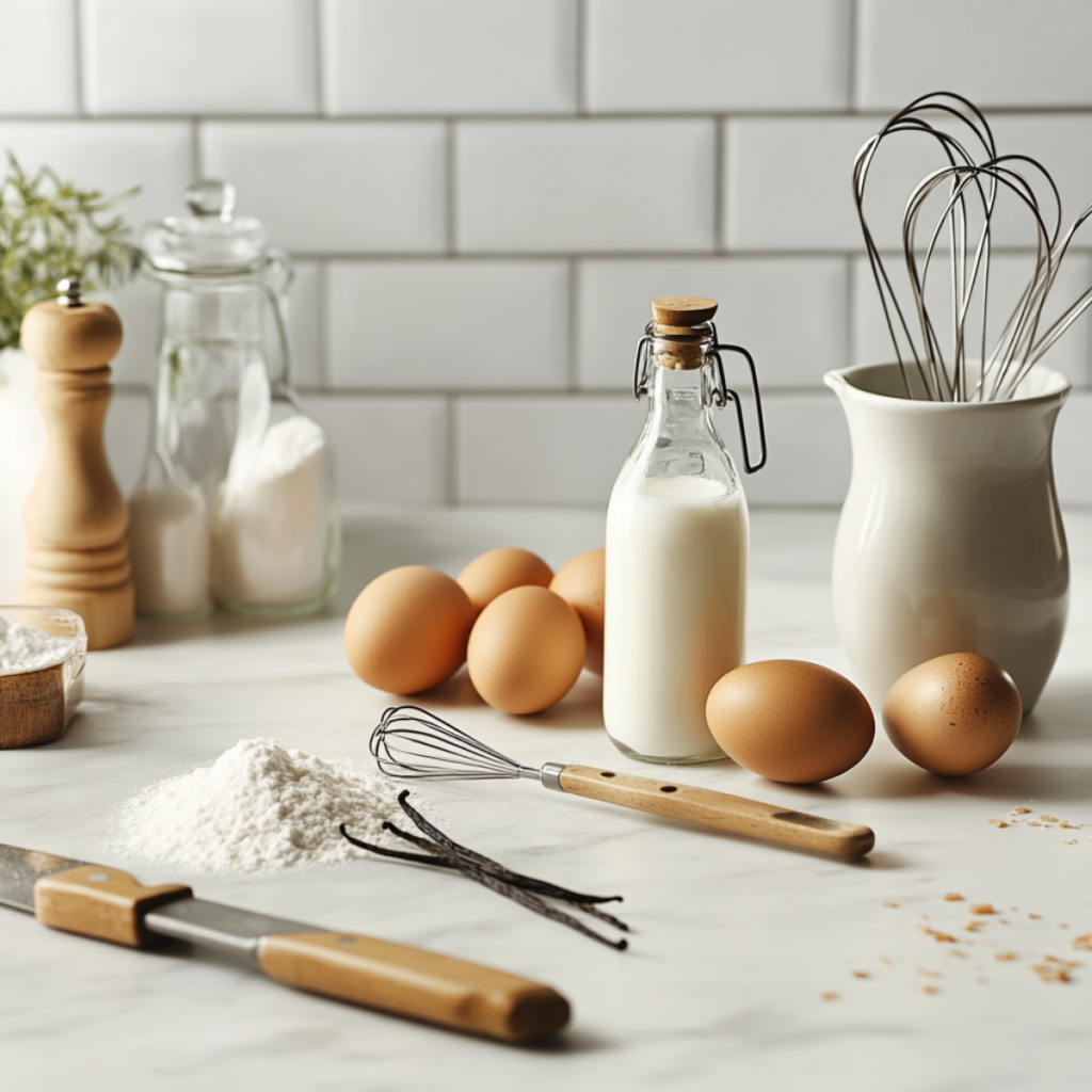 Ingredients for baking vanilla custard laid out on a kitchen counter, including eggs, vanilla extract, sugar, and milk with baking utensils.