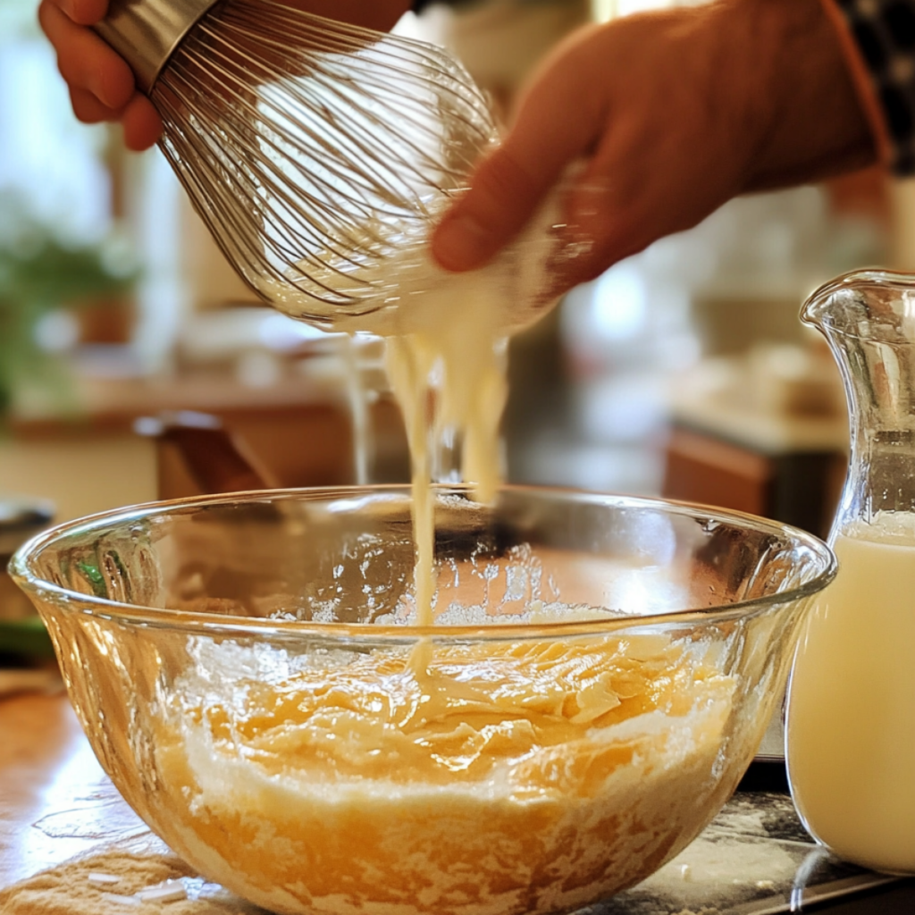 Close-up of hands preparing vanilla custard mix, whisking eggs and vanilla in a bowl with kitchen ingredients around.