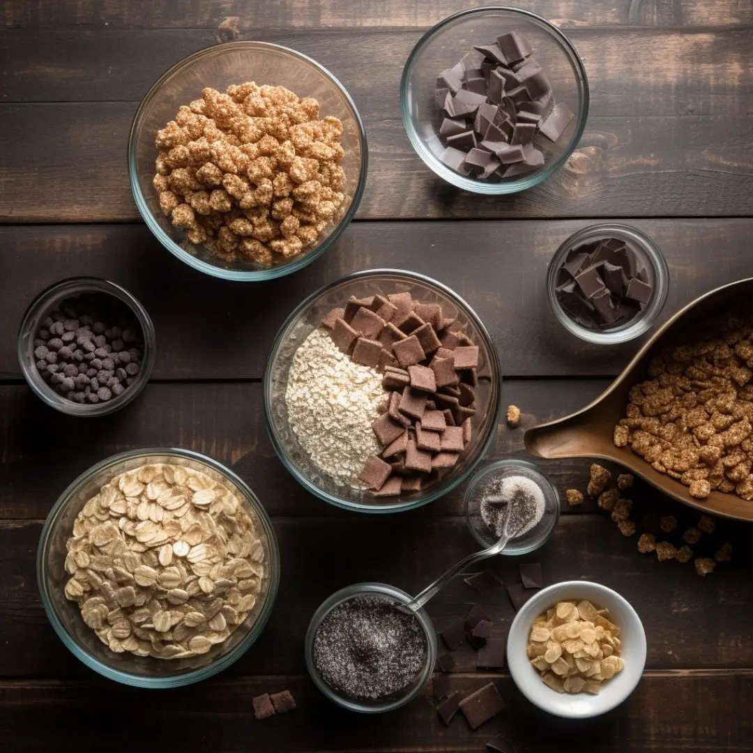 Gluten free chex mix recipe ingredients including Chex cereal, pretzels, butter, and seasonings.