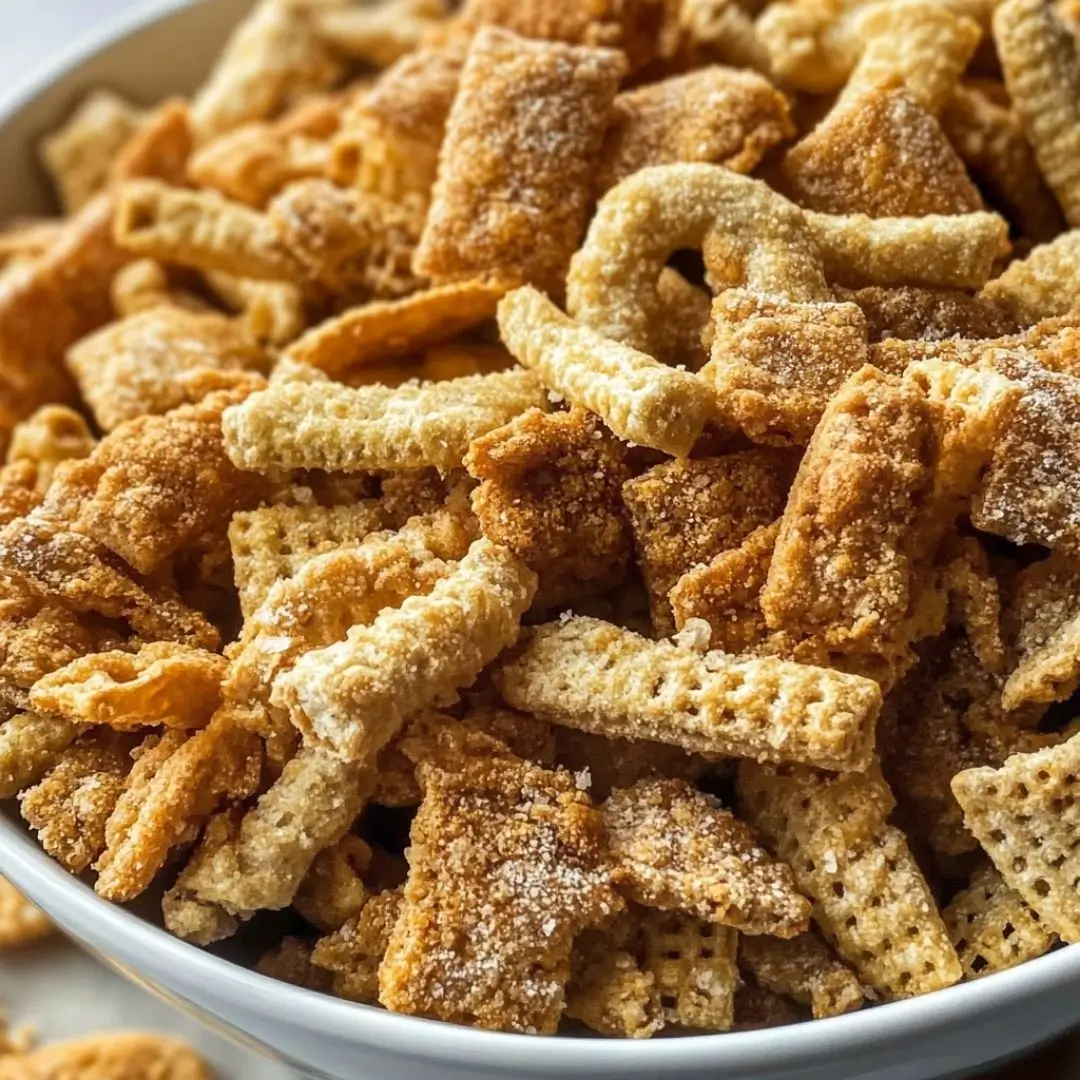 Gluten free chex mix recipe in a bowl with pretzels, Chex cereals, and nuts.