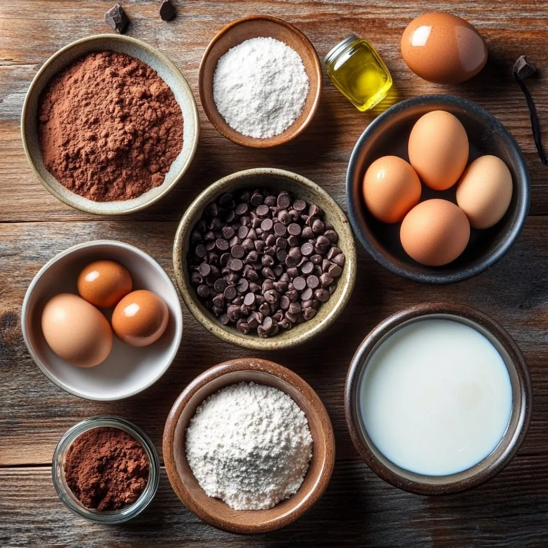 Ingredients for gluten-free chocolate cake arranged on a rustic wooden surface