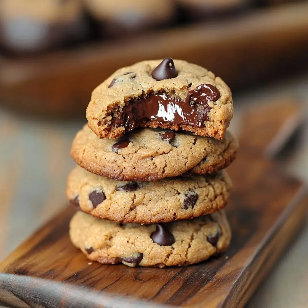 Freshly baked gluten free chocolate chip cookies recipe stacked on a rustic wooden board