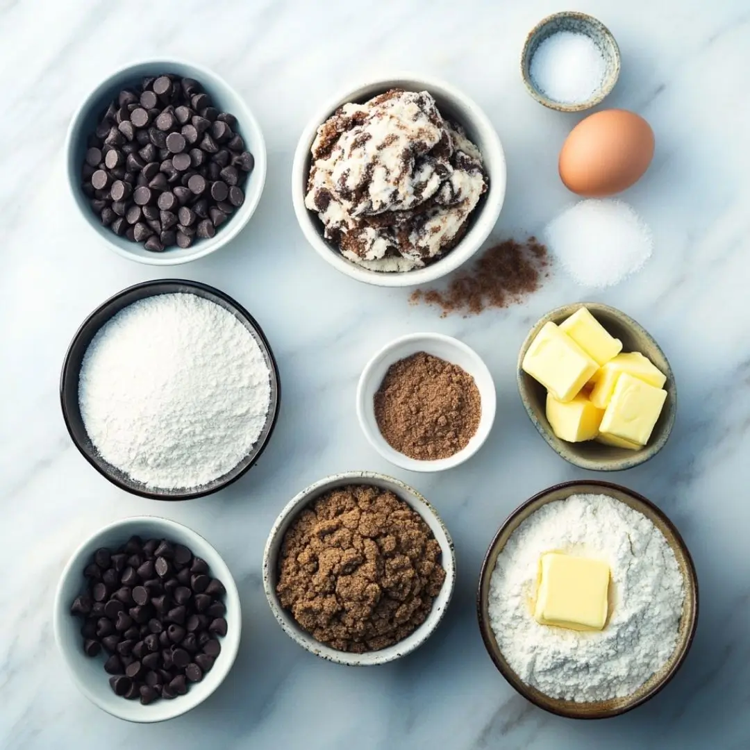 Ingredients for gluten free chocolate chip cookie recipe laid out on a marble counter