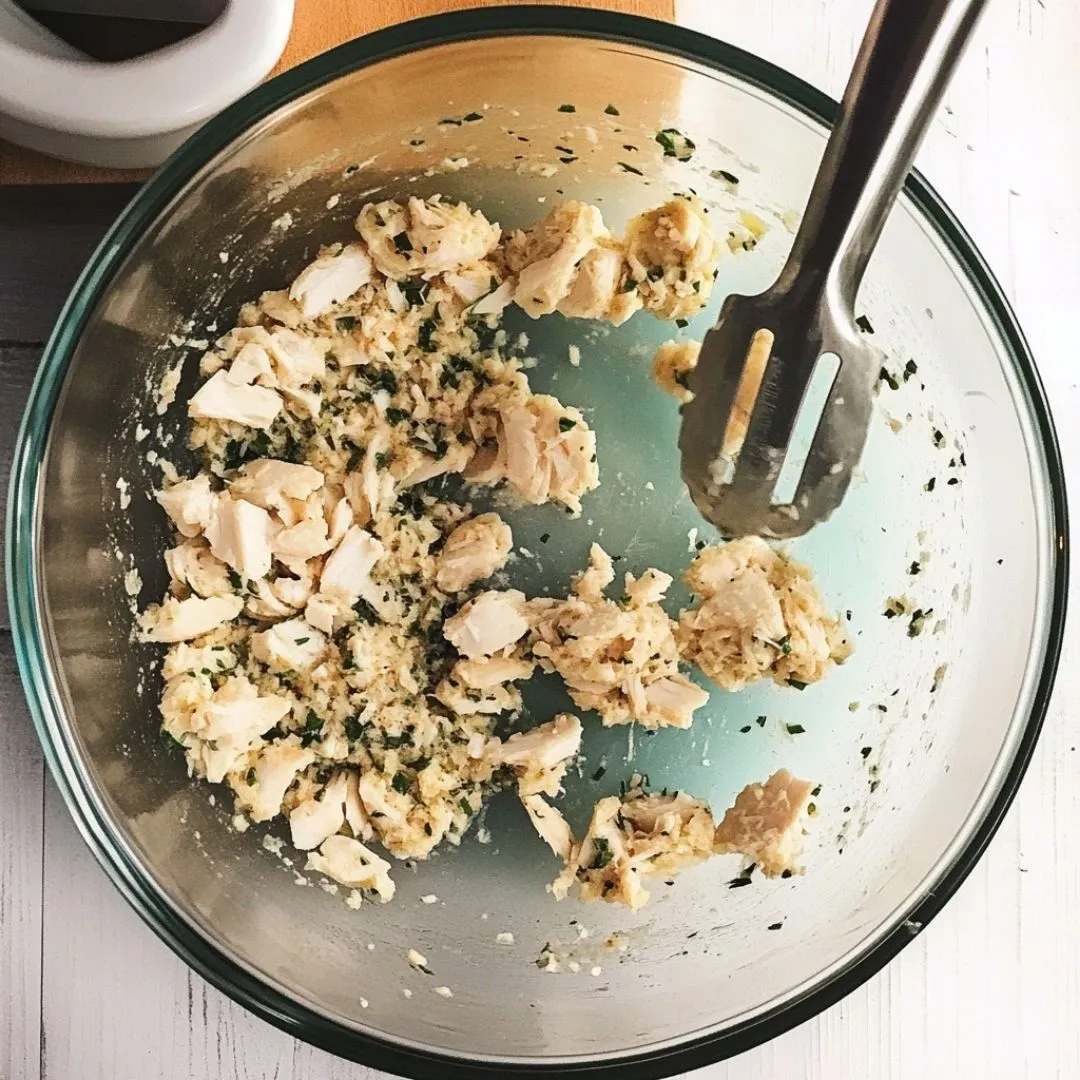 Preparing gluten free crab cake recipe in a glass bowl with fresh crab meat