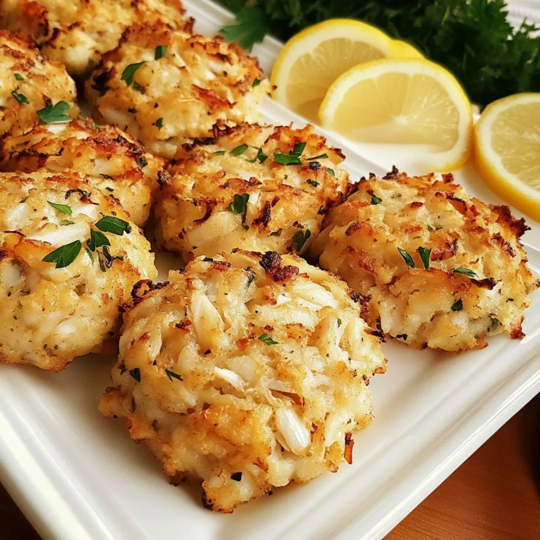 Gluten free crab cake recipe served with lemon and parsley on a white plate
