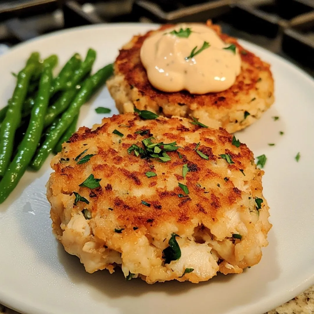 Served gluten-free crab cake recipe with green beans and remoulade sauce