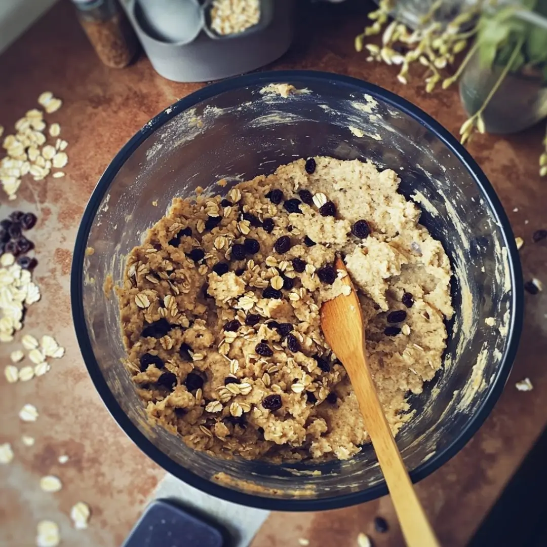Gluten-free oatmeal raisin cookie recipe dough in a bowl with oats and raisins.