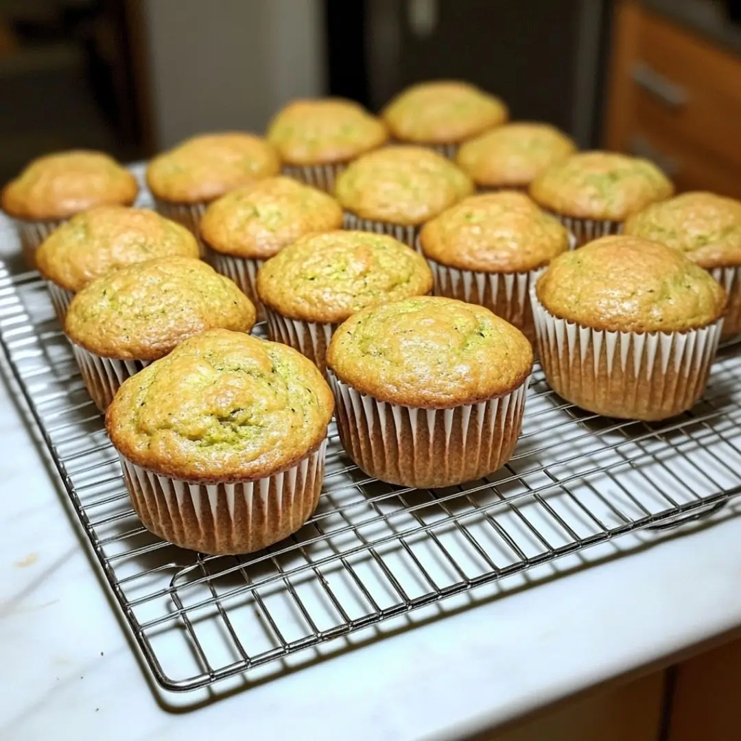 Muffins made from a gluten free zucchini bread recipe, cooling on a rack.