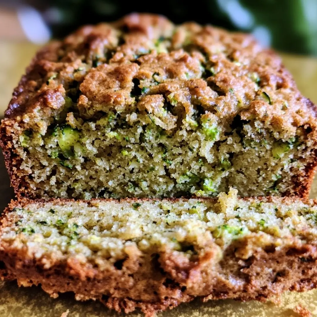 Sliced loaf from a gluten free zucchini bread recipe with golden crust and visible zucchini.