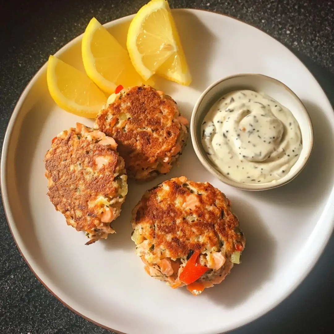 Old fashioned salmon patties recipe served with tartar sauce and lemon wedges