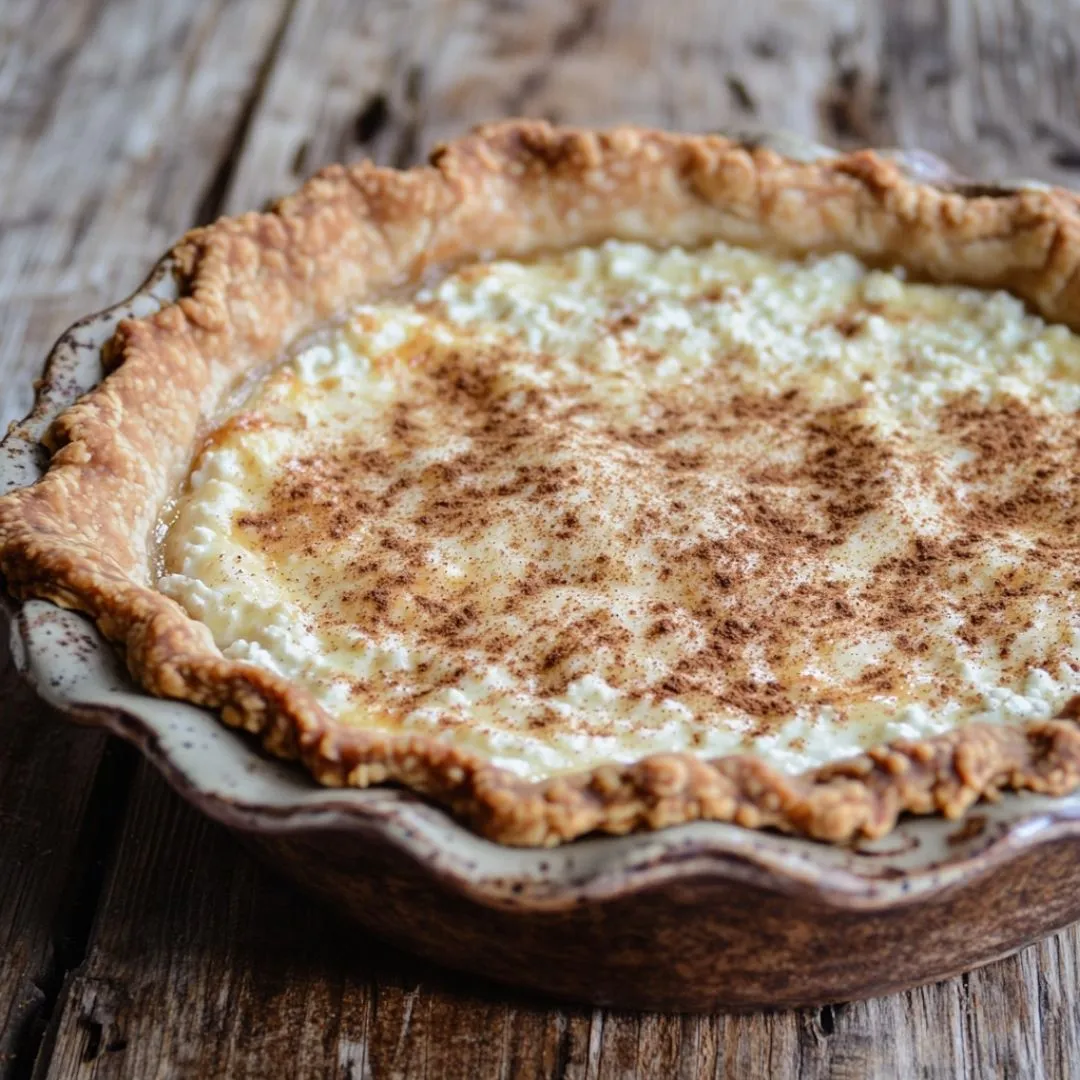 Easy cottage cheese pie recipe with golden crust in vintage pie dish