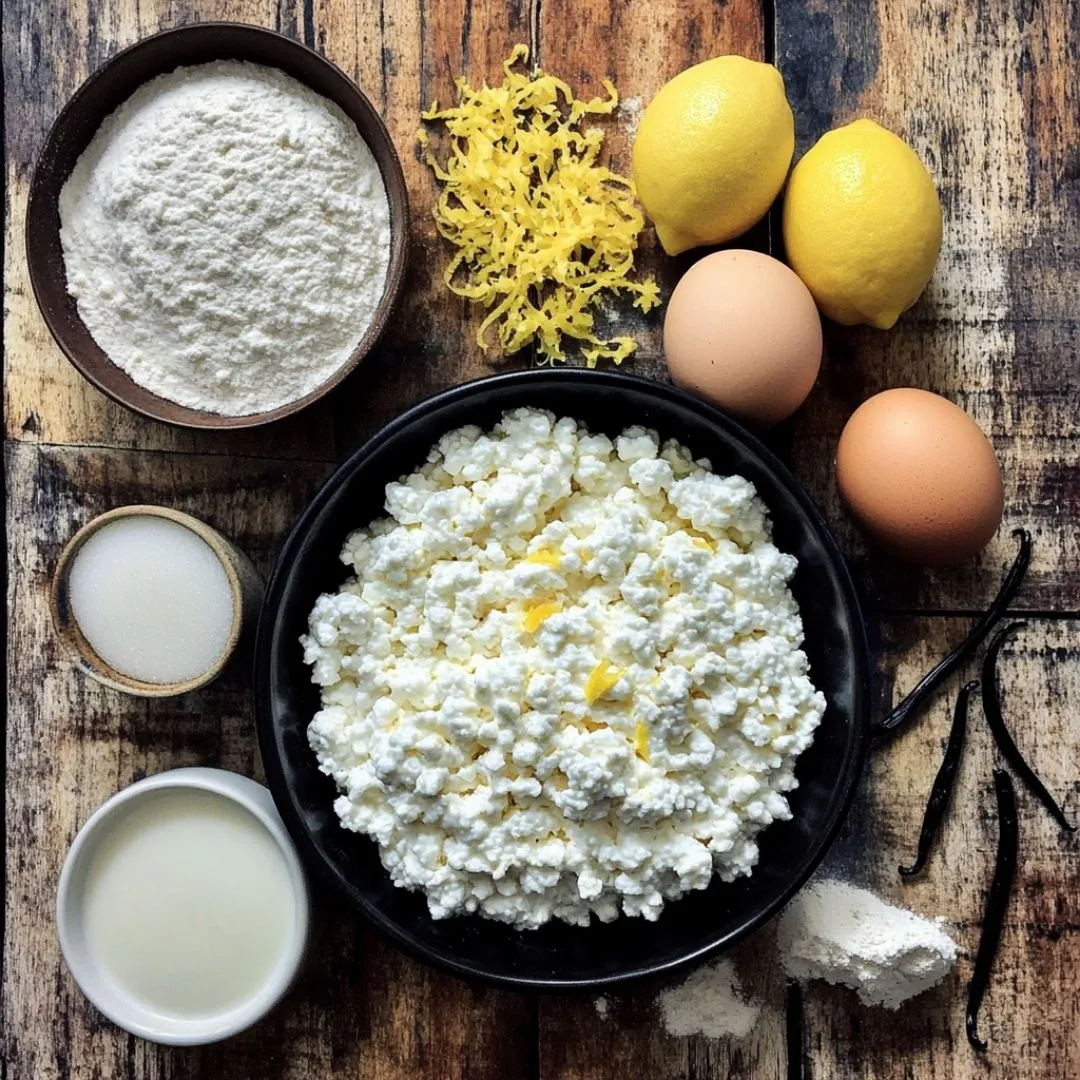 Ingredients for easy cottage cheese pie recipe laid out on wooden countertop