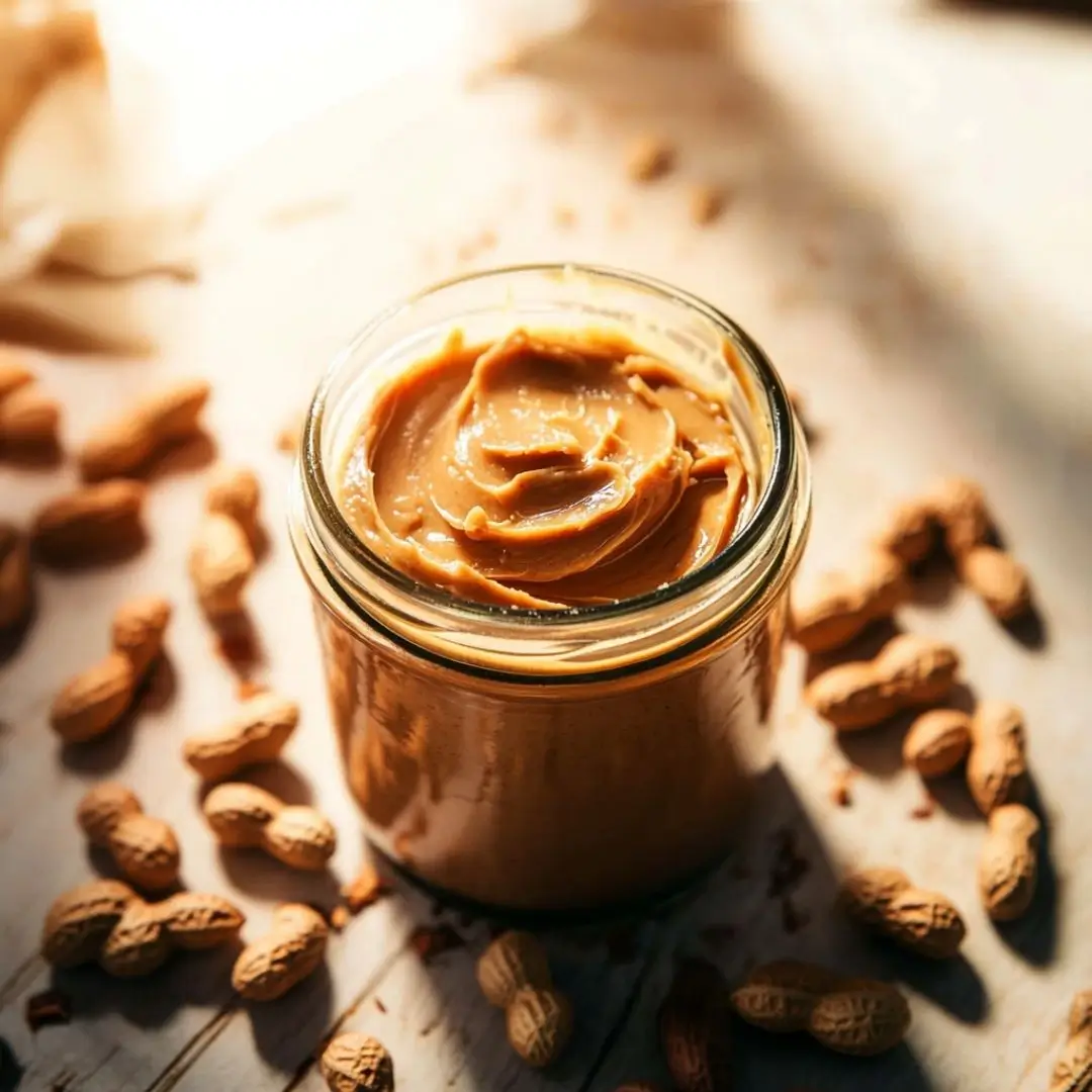Creamy homemade roasted peanut butter recipe in a glass jar, surrounded by roasted peanuts on a rustic wooden surface.