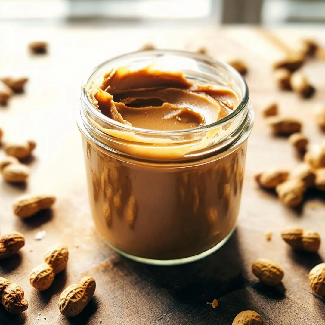 Glass jar filled with creamy homemade roasted peanut butter recipe, surrounded by roasted peanuts on a wooden countertop.