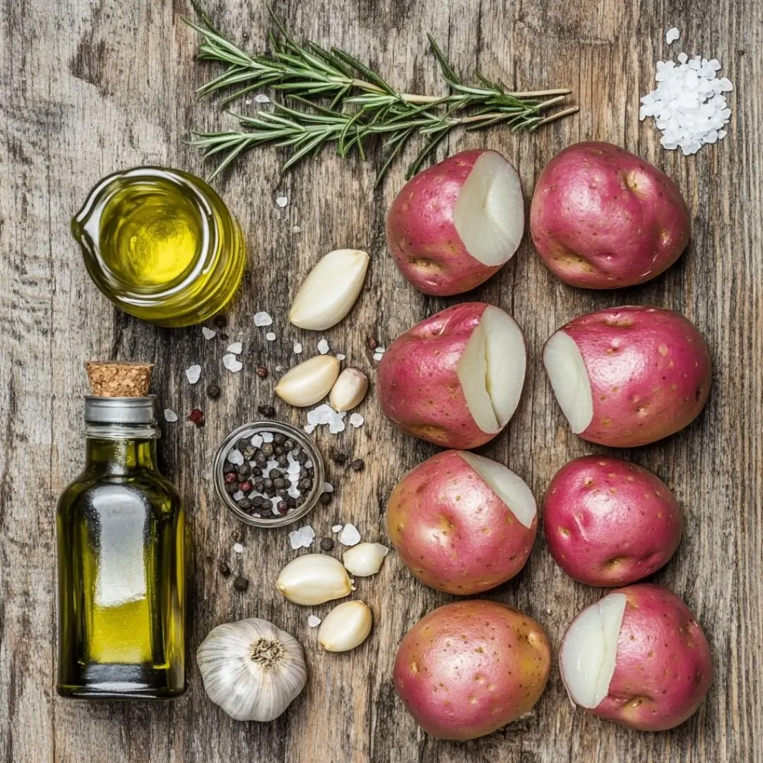 Raw ingredients for recipe red potatoes with garlic air fryer including red potatoes, garlic, olive oil, and herbs