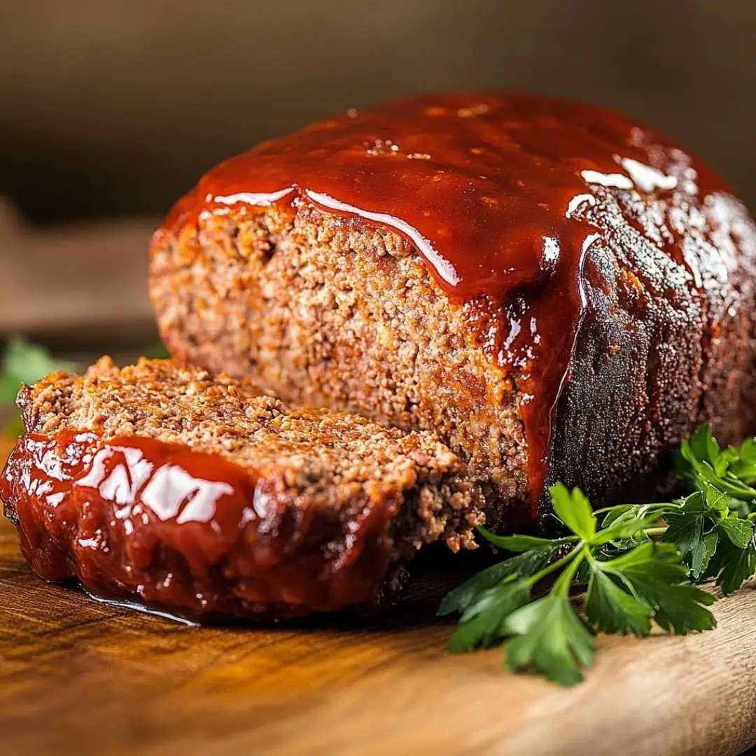 Meatloaf recipe Lipton onion soup with ketchup glaze sliced on cutting board