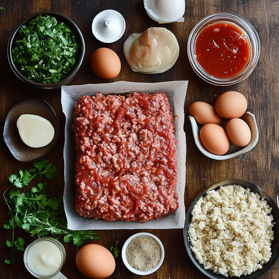Ingredients for meatloaf recipe Lipton onion soup on wooden countertop