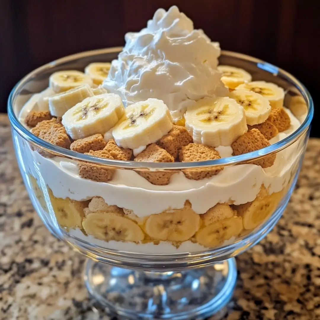 Close-up of homemade trifle with layers of bananas, pudding, and wafers for a classic nilla wafer banana pudding recipe.