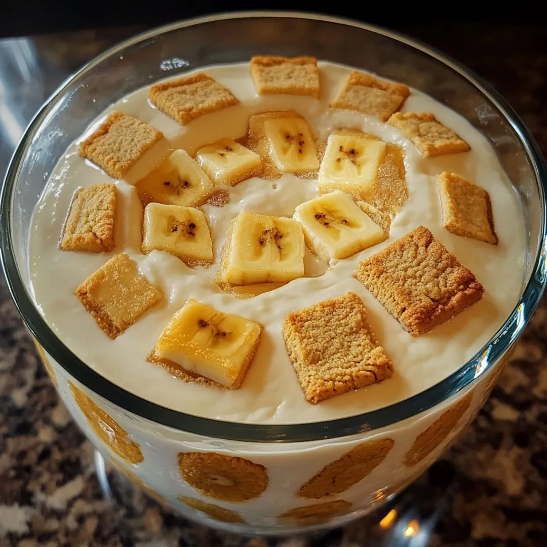 Irresistible recipe for Not Your Mama's Banana Pudding in a glass trifle bowl with creamy layers