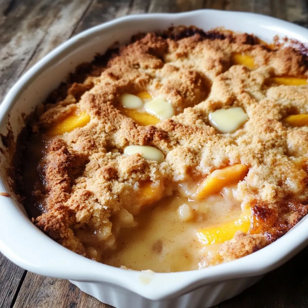 Freshly baked peach cobbler with cake mix in a white ceramic dish