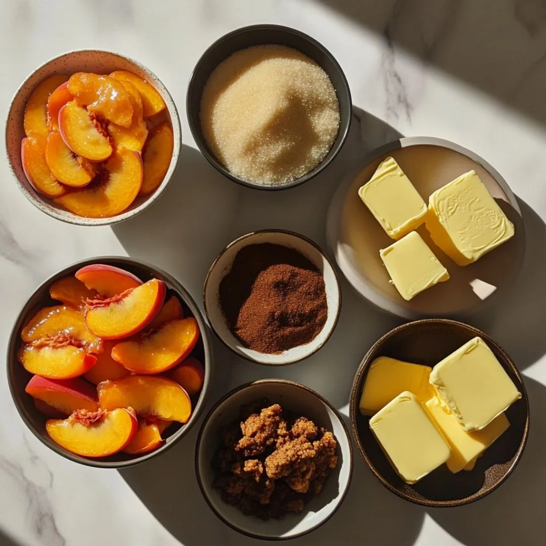 Ingredients for peach cobbler with cake mix laid out on a marble countertop