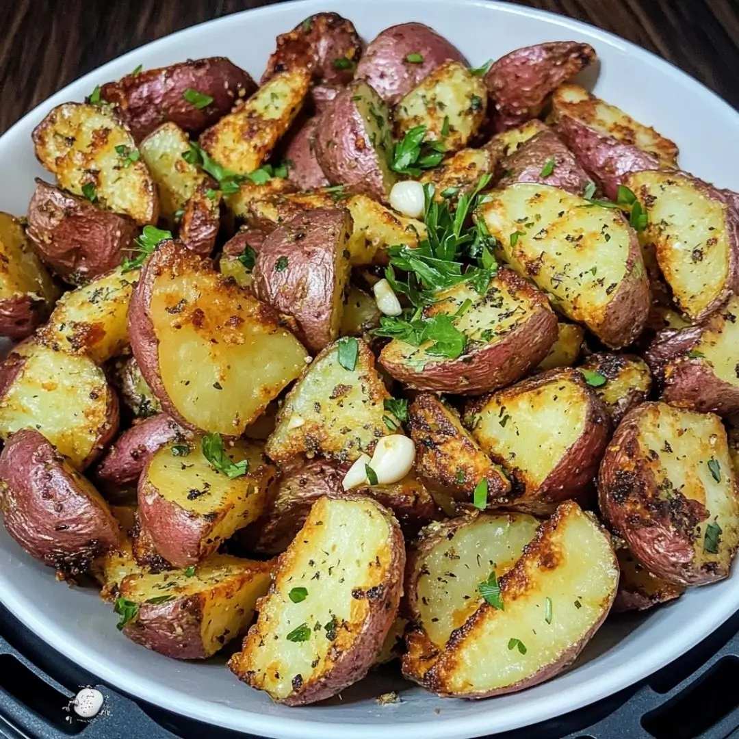 Crispy recipe red potatoes with garlic air fryer recipe served hot in a white bowl, topped with herbs