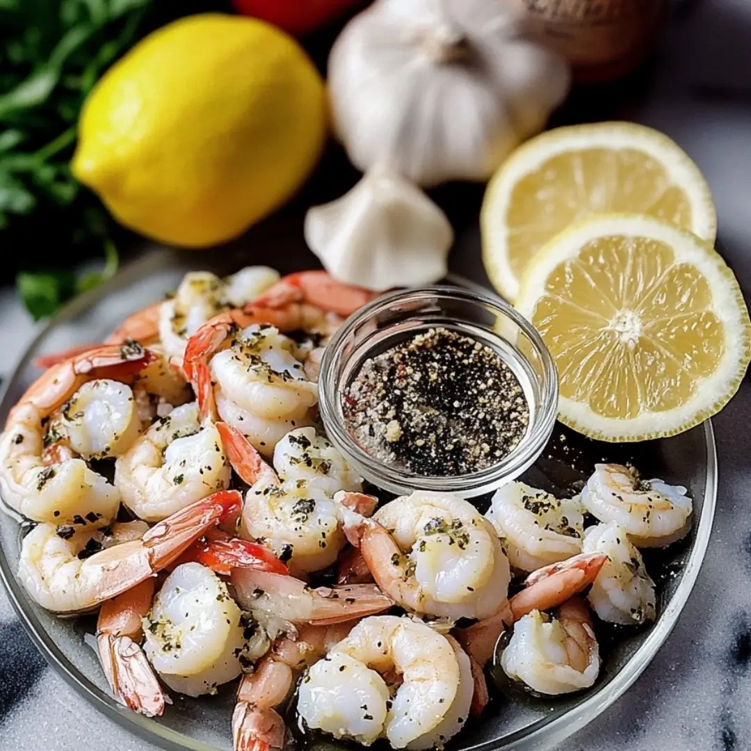 Fresh ingredients for shrimp scampi recipe without wine including shrimp, lemon, garlic, butter, and pasta