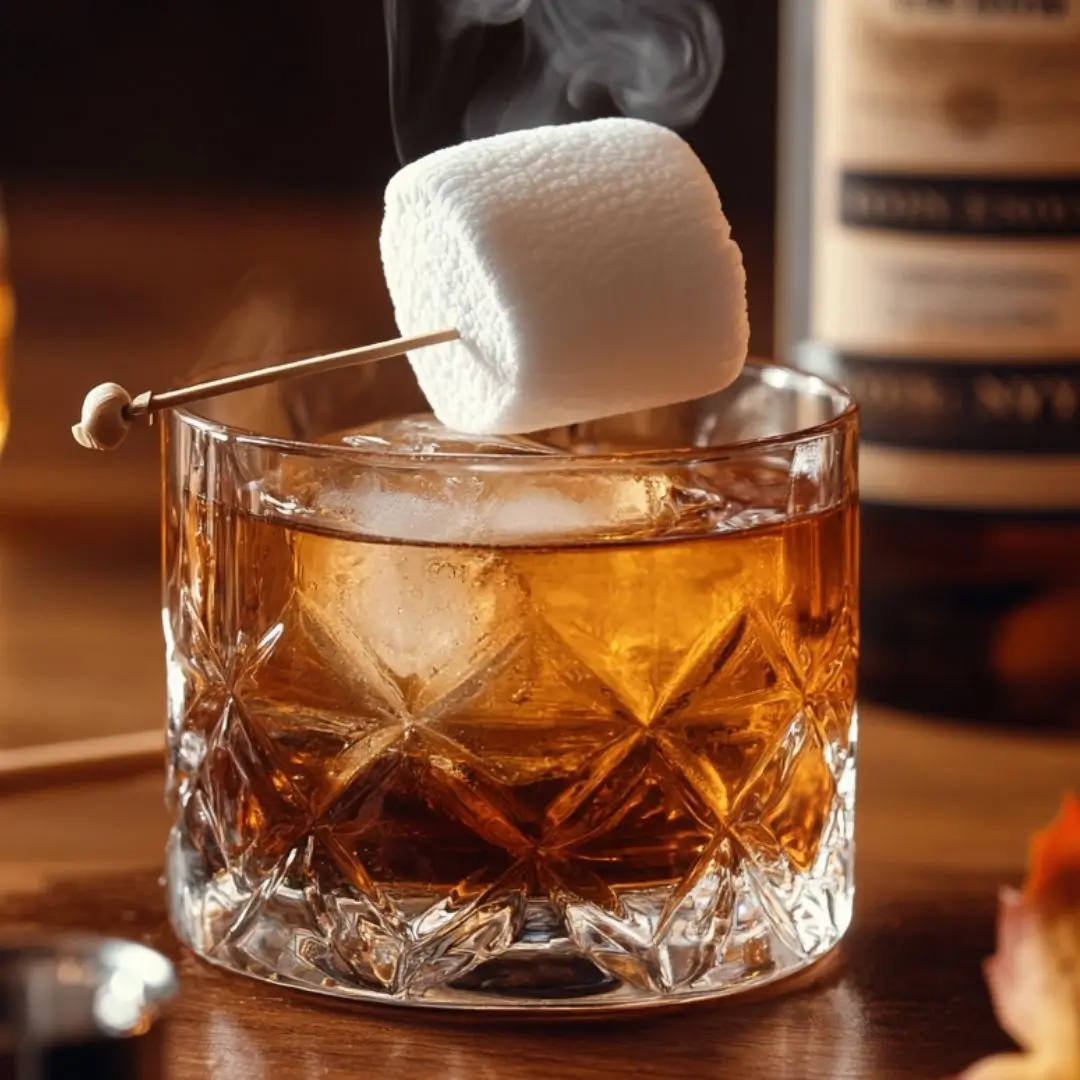 Close-up of toasted marshmallow Old Fashioned Angels Envy recipe with bourbon and toasted marshmallow garnish in cozy bar setting