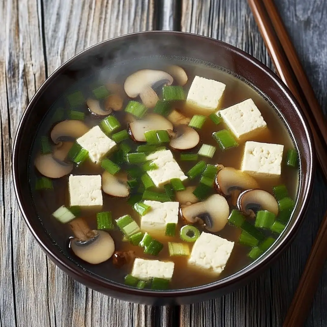 A steaming bowl of tofu mushroom green onion soup recipe with tofu cubes, mushrooms, and green onions in a clear broth.