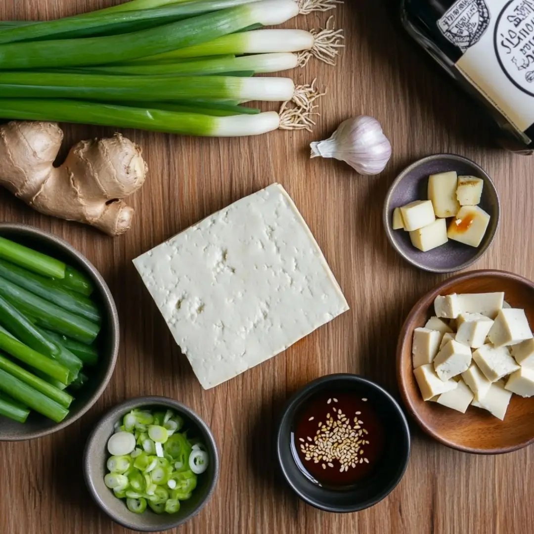 Ingredients for tofu mushroom green onion soup recipe including tofu, mushrooms, green onions, garlic, ginger, and soy sauce on a wooden surface.