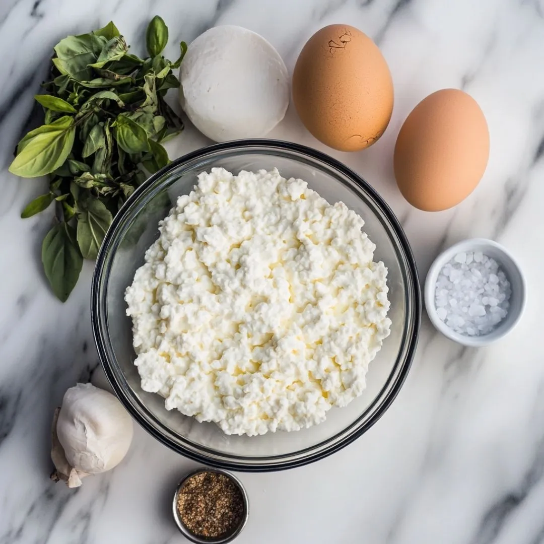 Ingredients for viral cottage cheese flatbread recipe displayed on marble counter